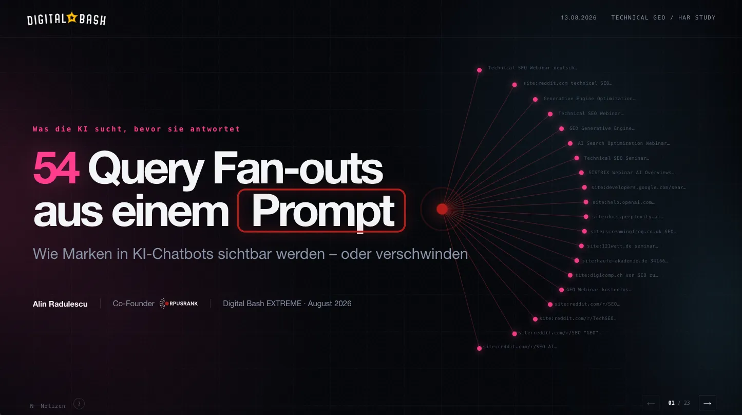 Titelfolie des Vortrags beim Digital Bash: 54 Query Fan-outs aus einem Prompt